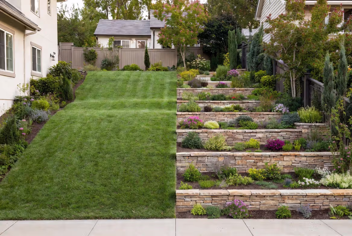 regraded lawn compared to terraced backyard with retaining walls