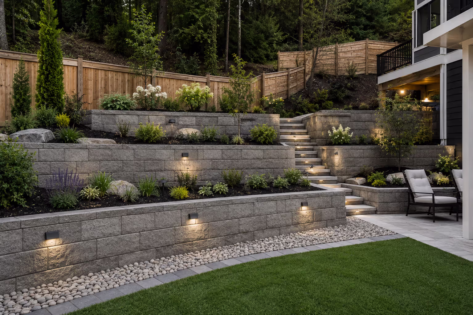 terraced garden with retaining walls stairs and planted levels