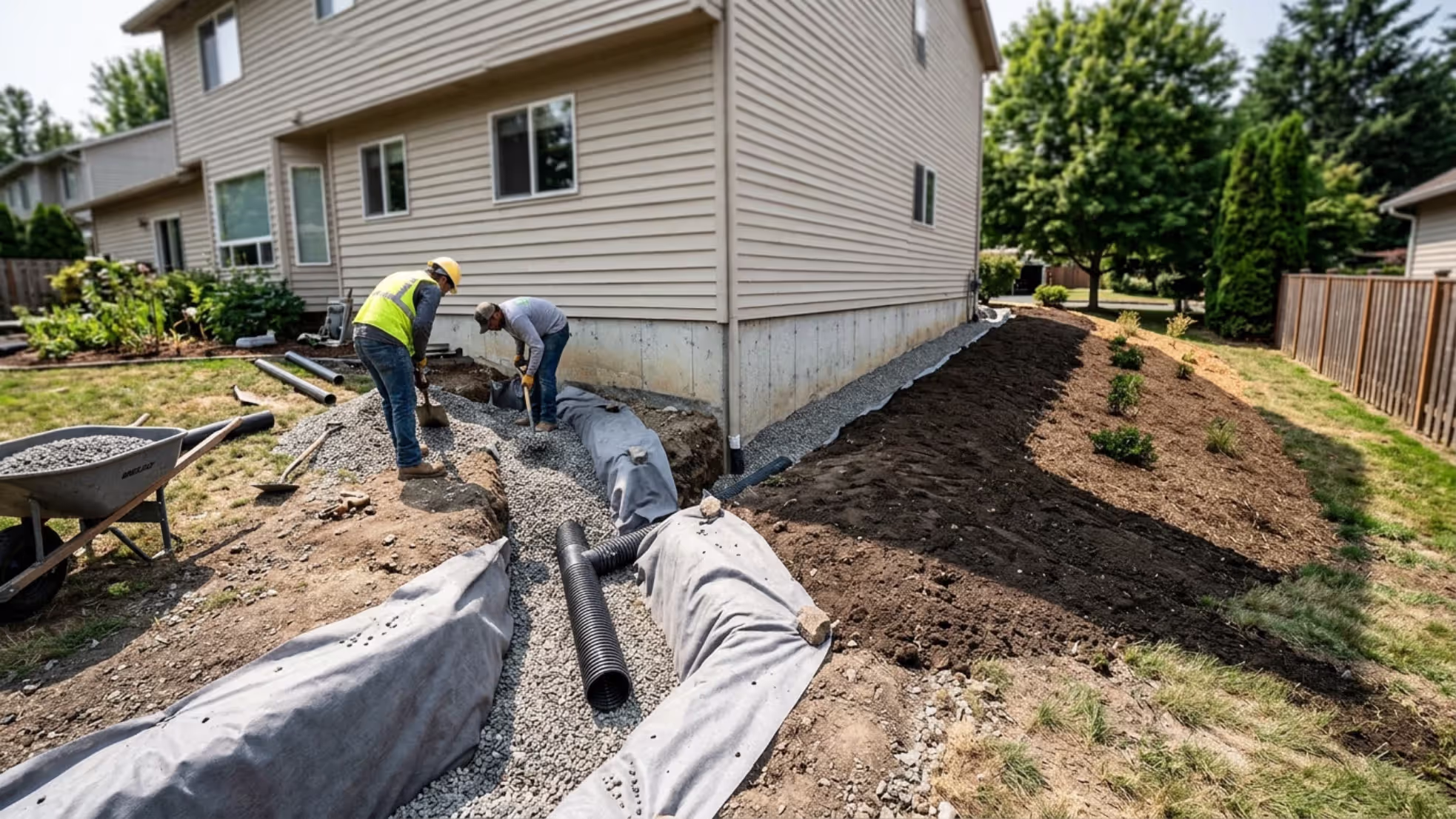 french drain installation and regrading to direct water away from house