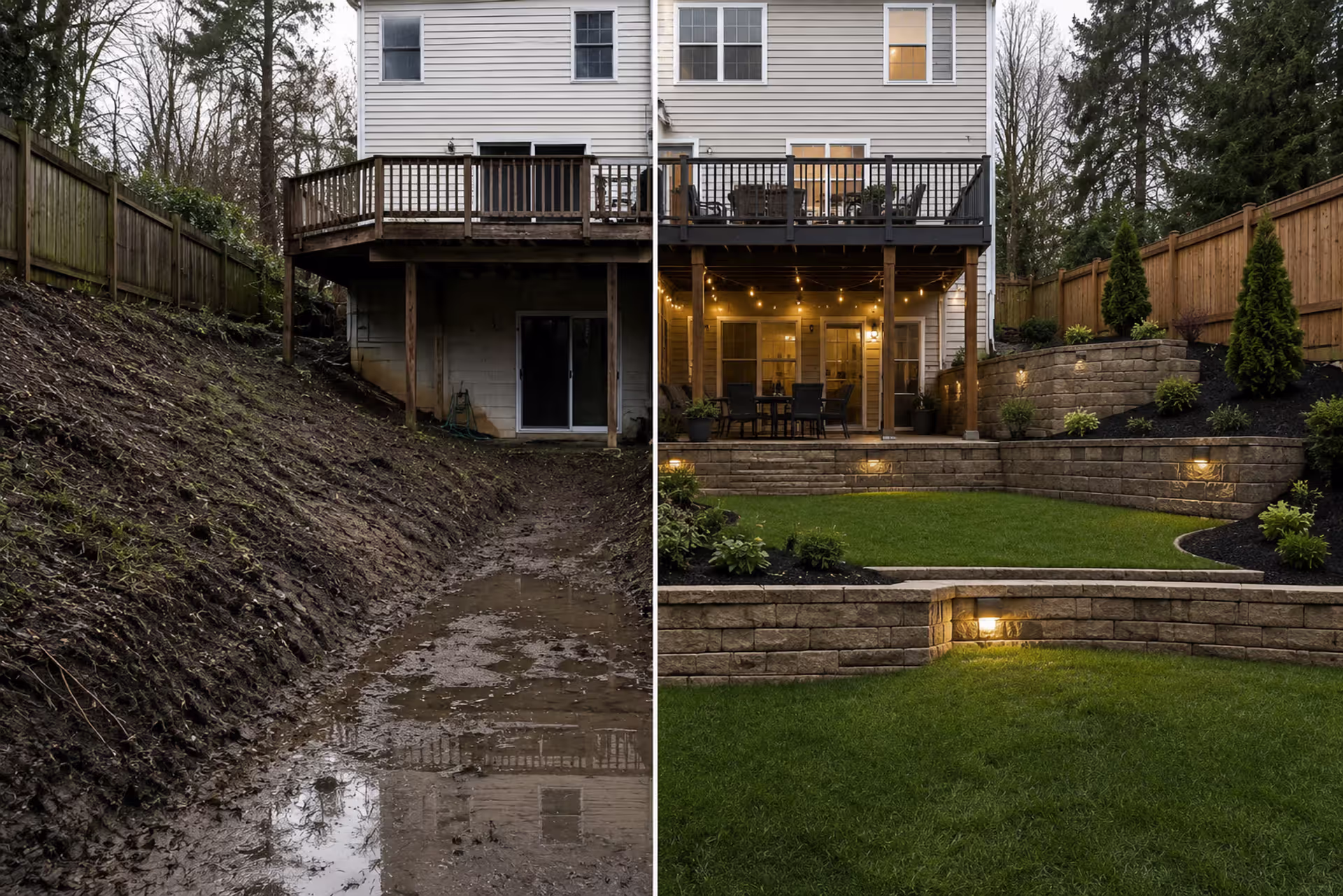 before and after sloped backyard transformed with terracing and proper drainage