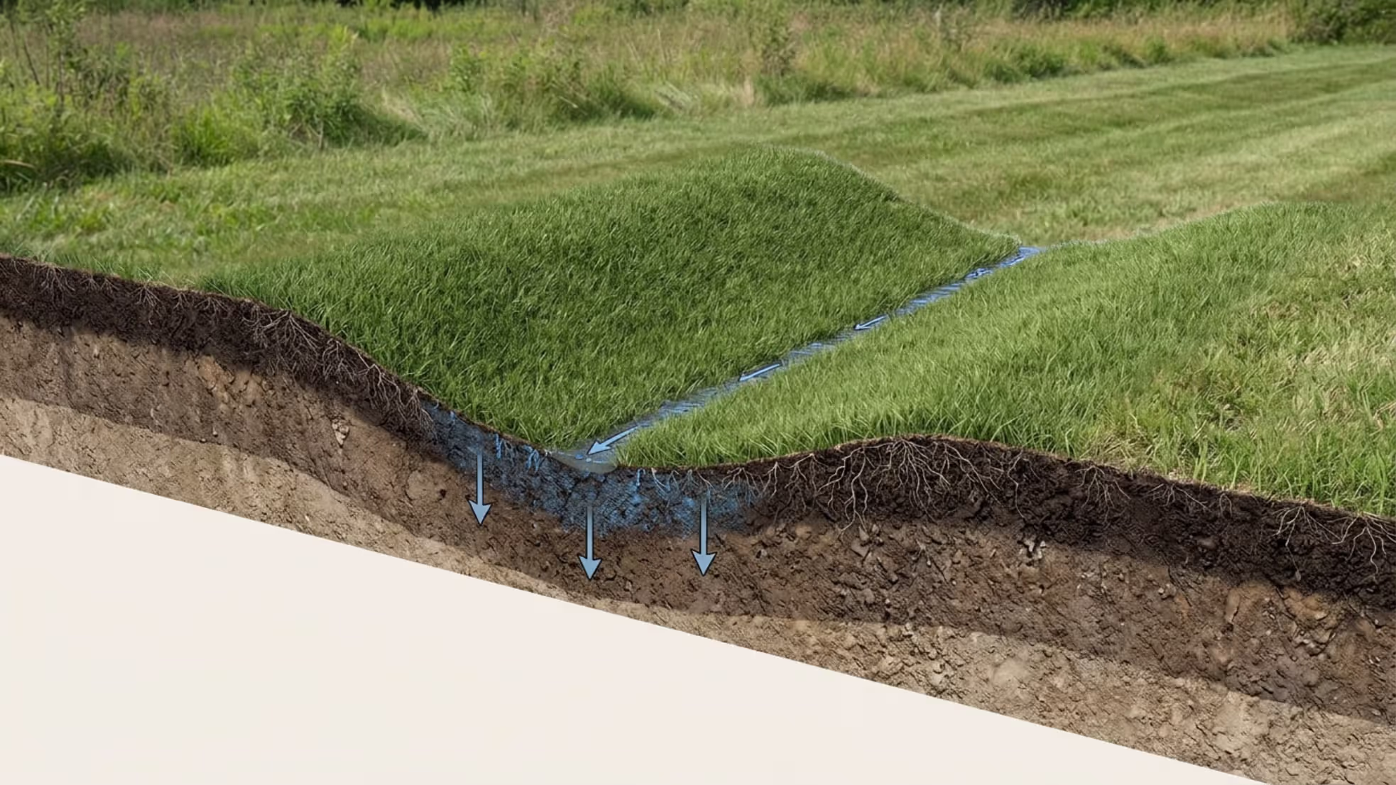 parabolic grass swale slowing and absorbing rainwater