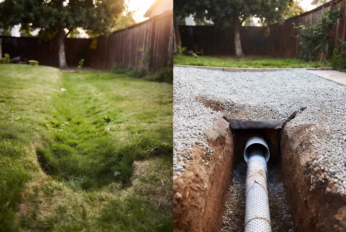 grass swale compared with french drain trench installation
