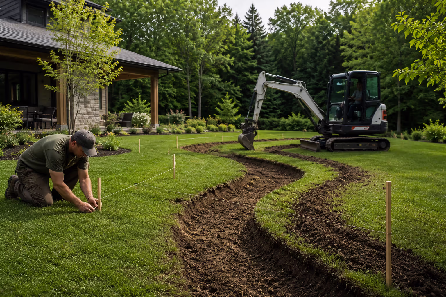 homeowner and excavator shaping a residential drainage swale