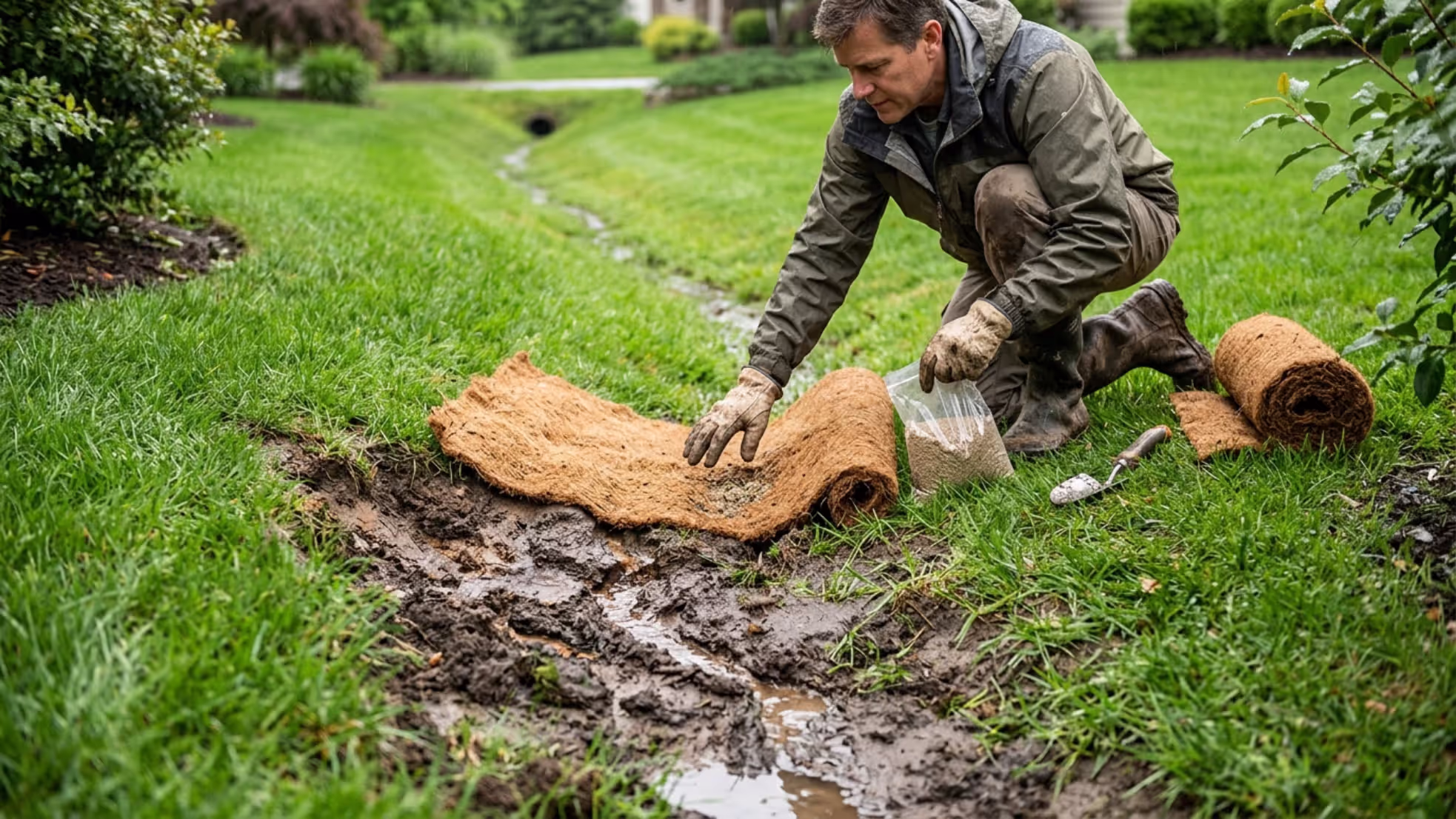 maintaining a grass swale by repairing erosion and reseeding