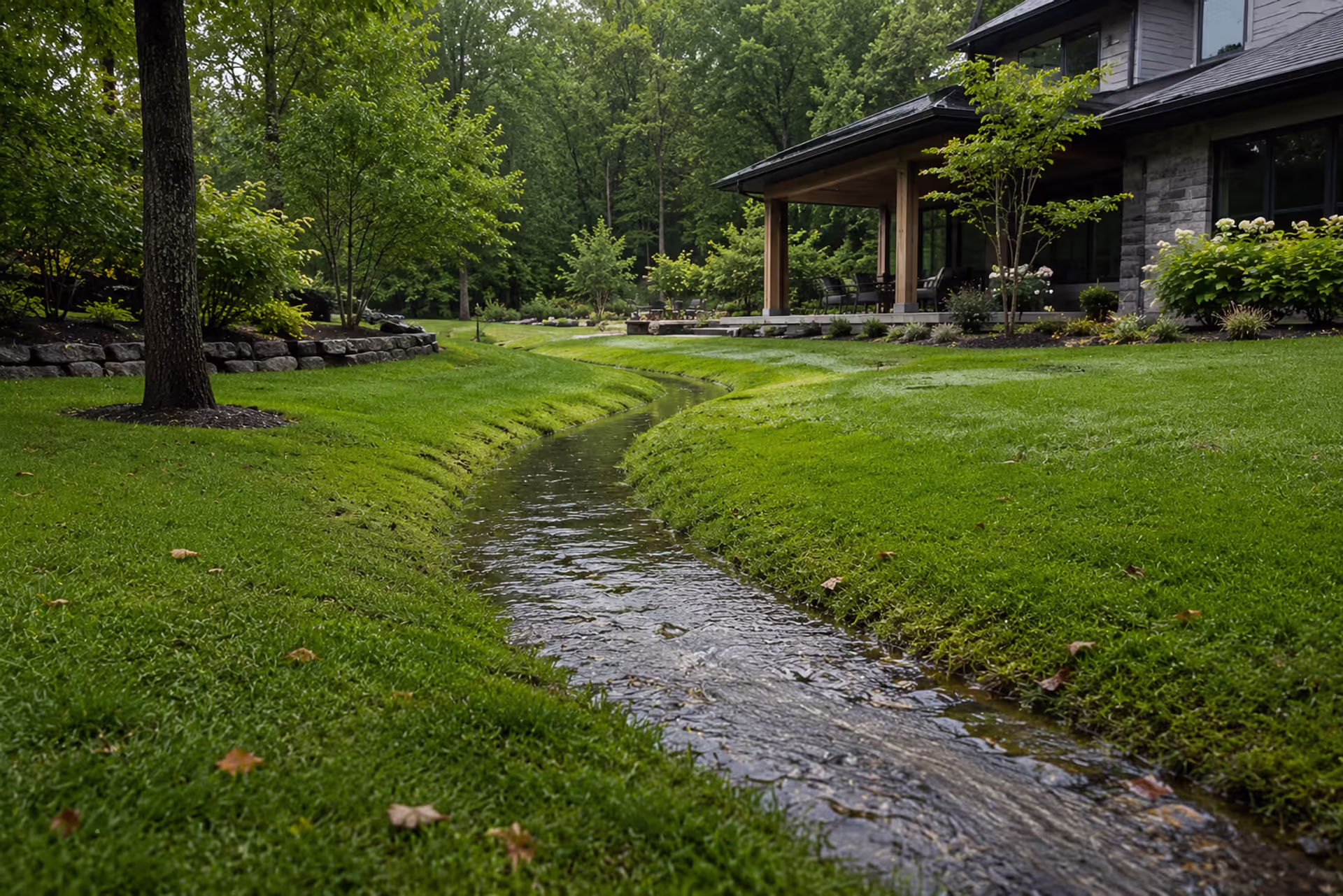 residential grass swale directing stormwater through a backyard