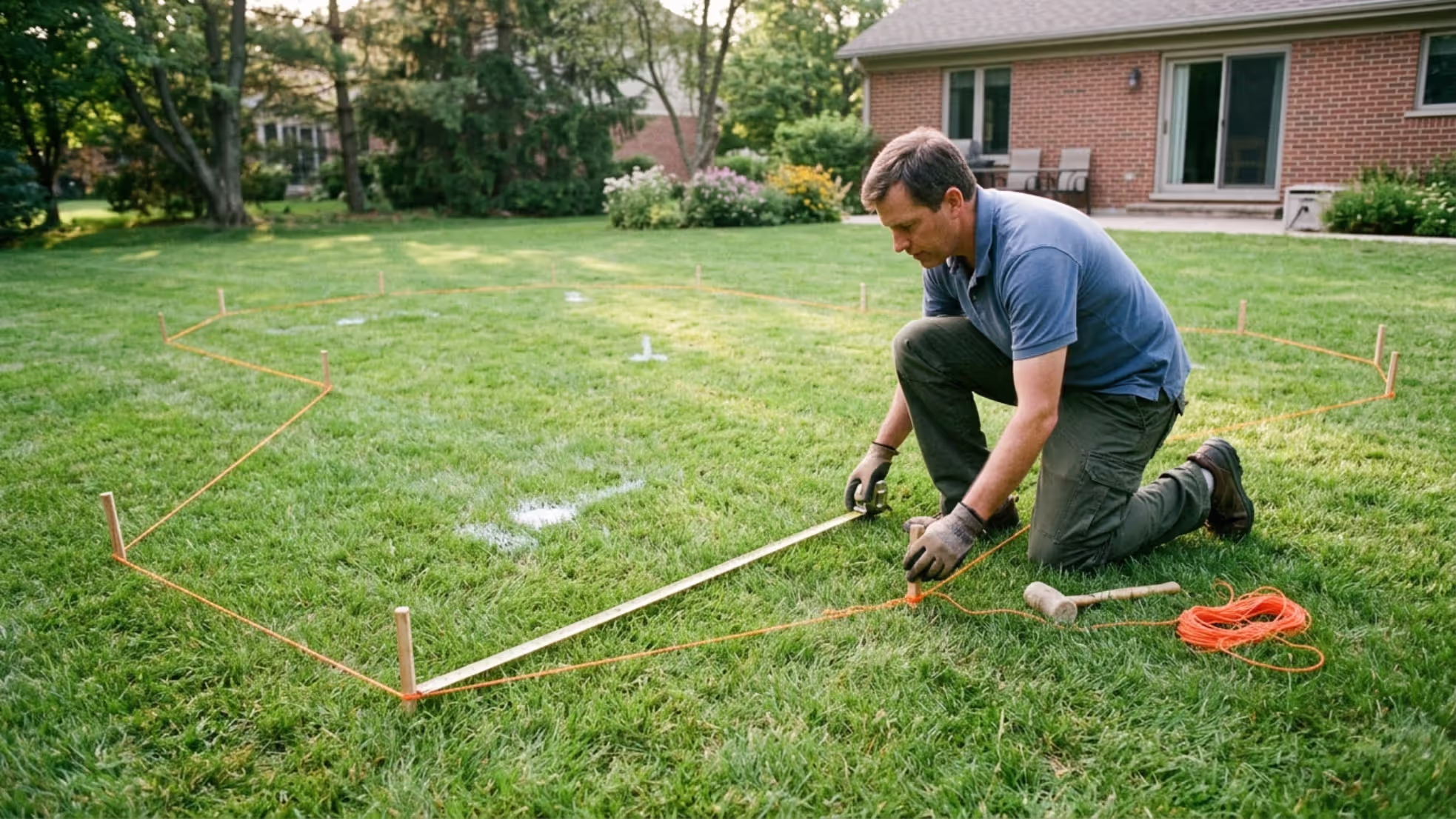 homeowner marking backyard putting green layout with stakes and tape measure