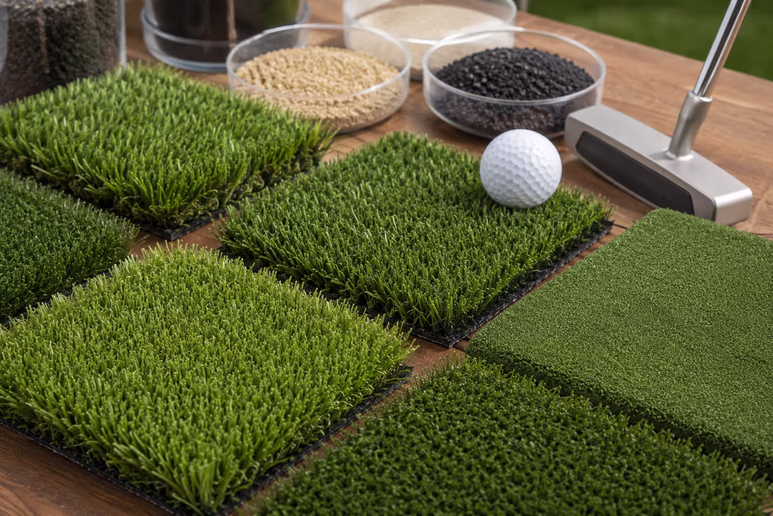 synthetic putting green turf samples with golf ball and sand infill