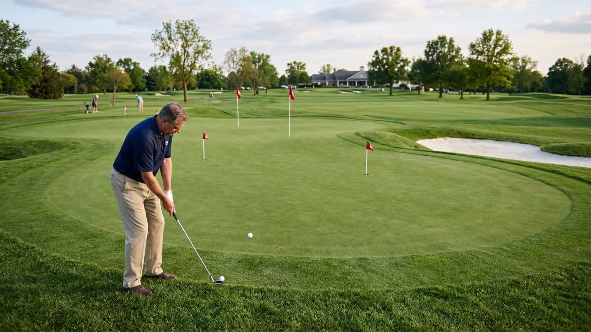 golfer practicing chip shot onto backyard putting green