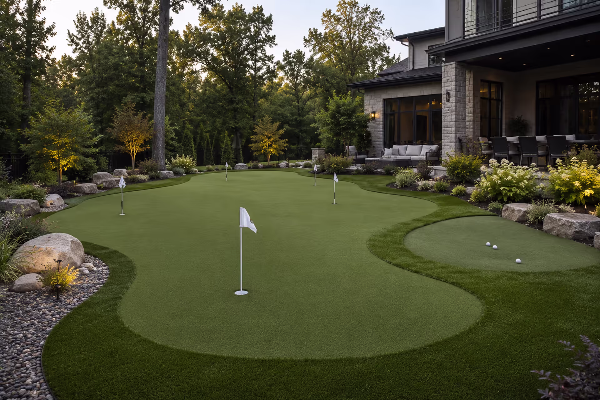 backyard putting green with multiple holes and chipping area