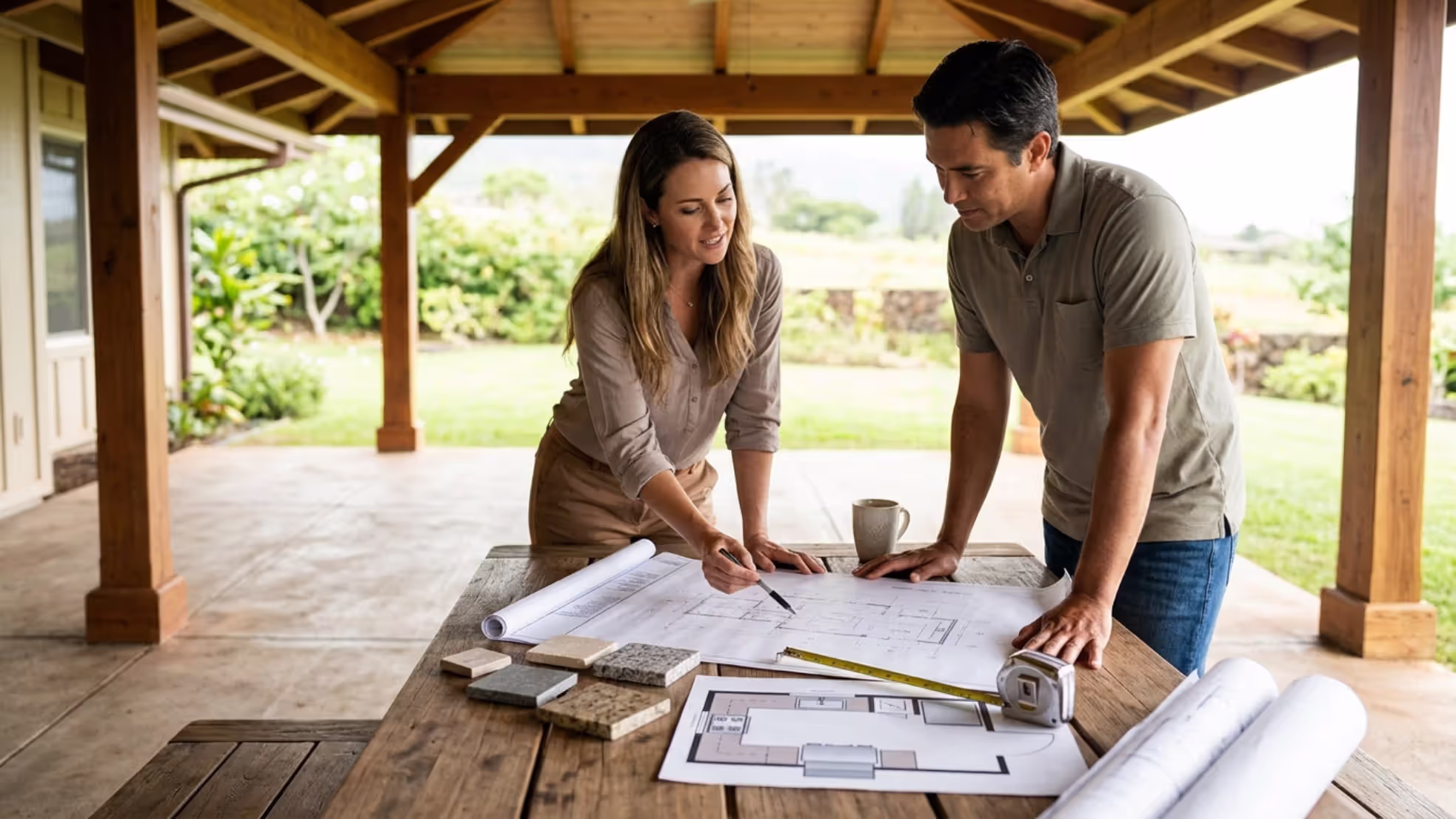 homeowner planning outdoor kitchen layout under covered lanai