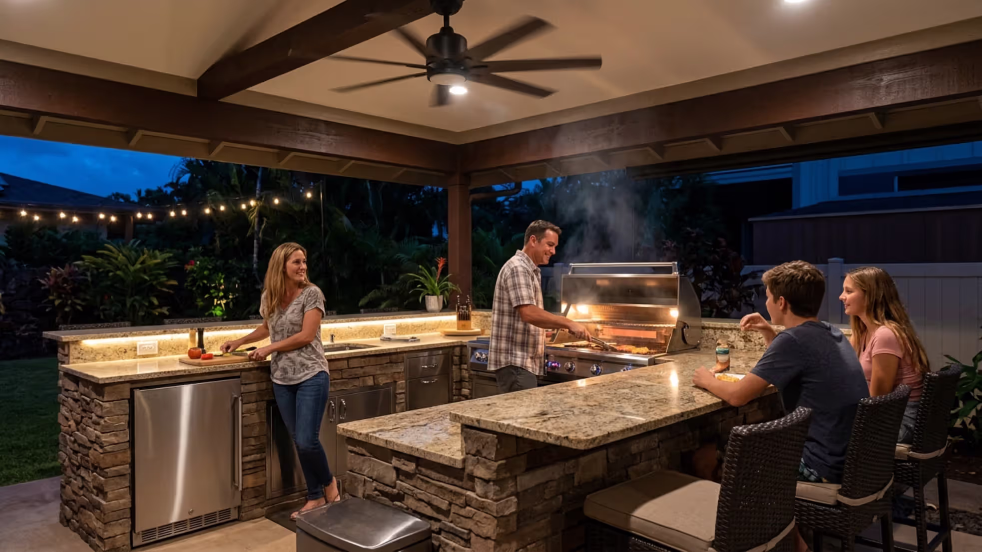 family using fully equipped lanai outdoor kitchen at night