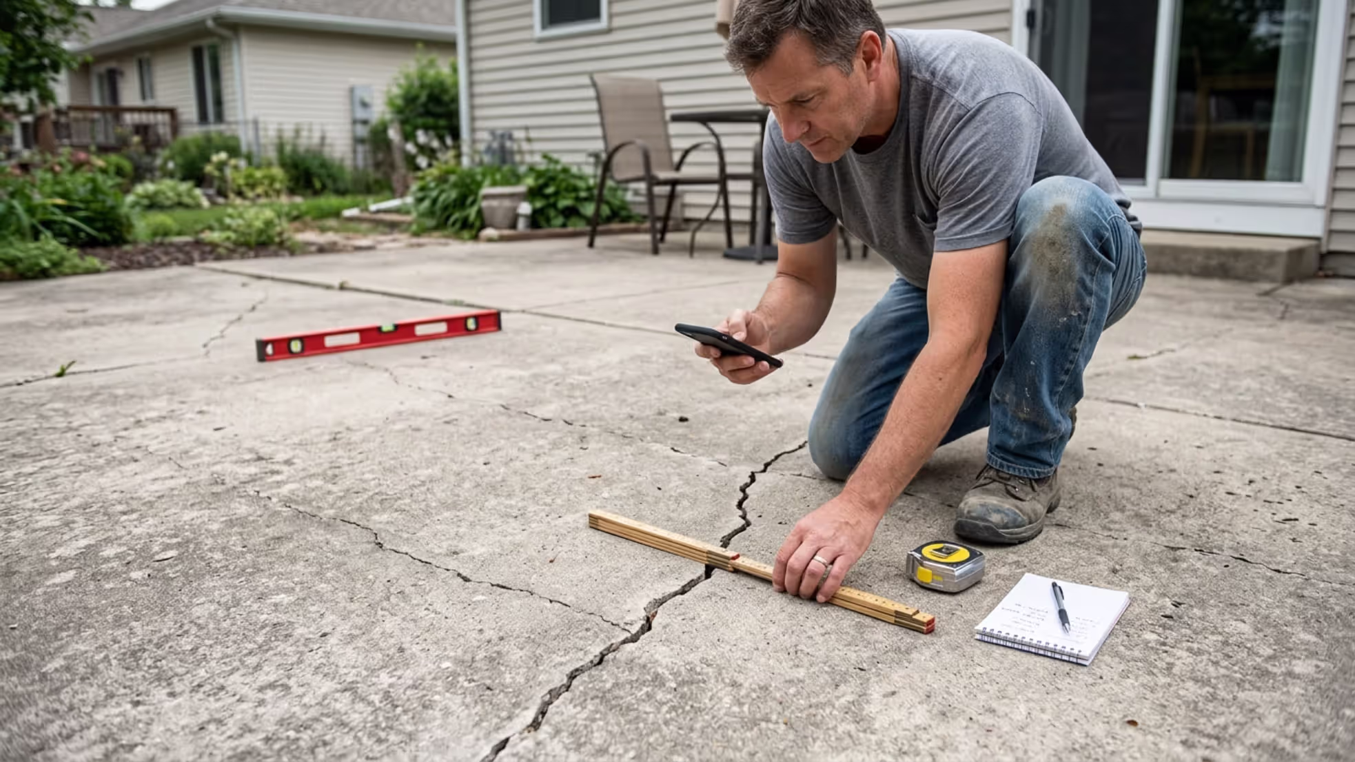 homeowner inspecting patio cracks and documenting concrete condition