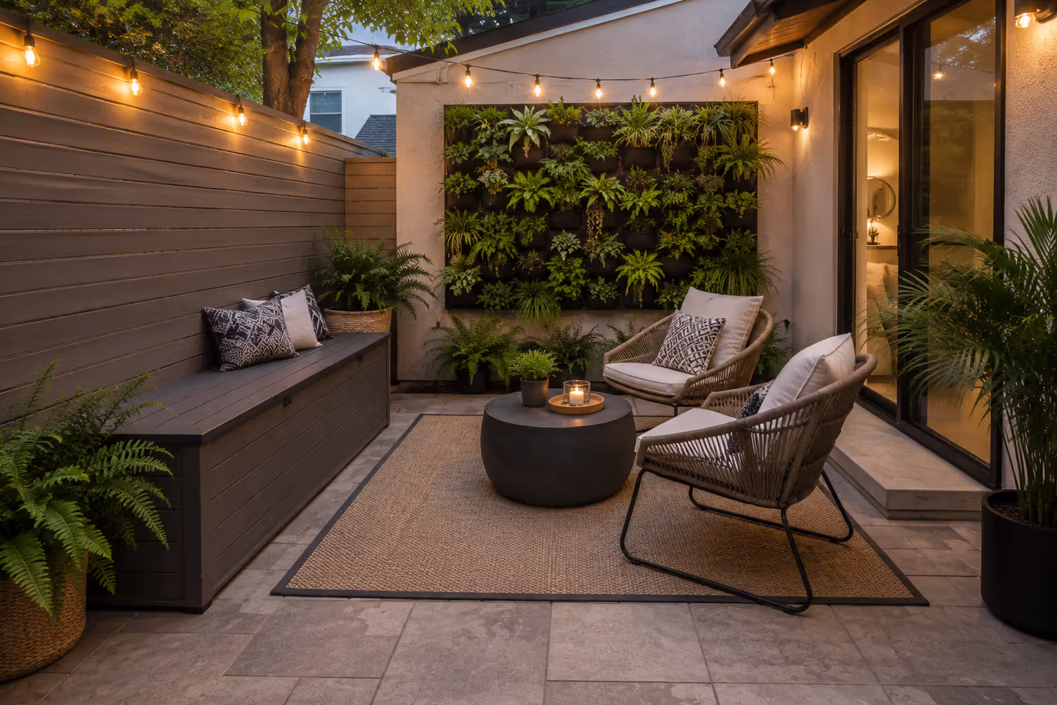 small patio makeover with vertical garden and multifunctional furniture