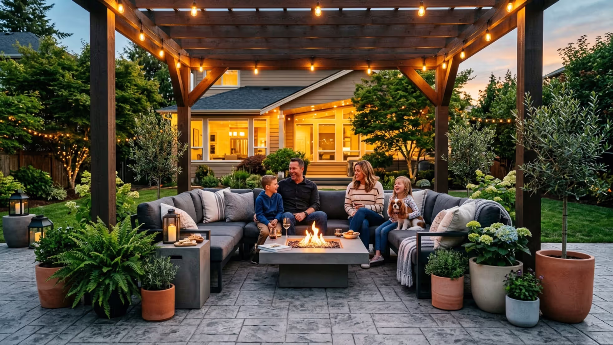 renovated backyard patio with pergola lighting and seating area