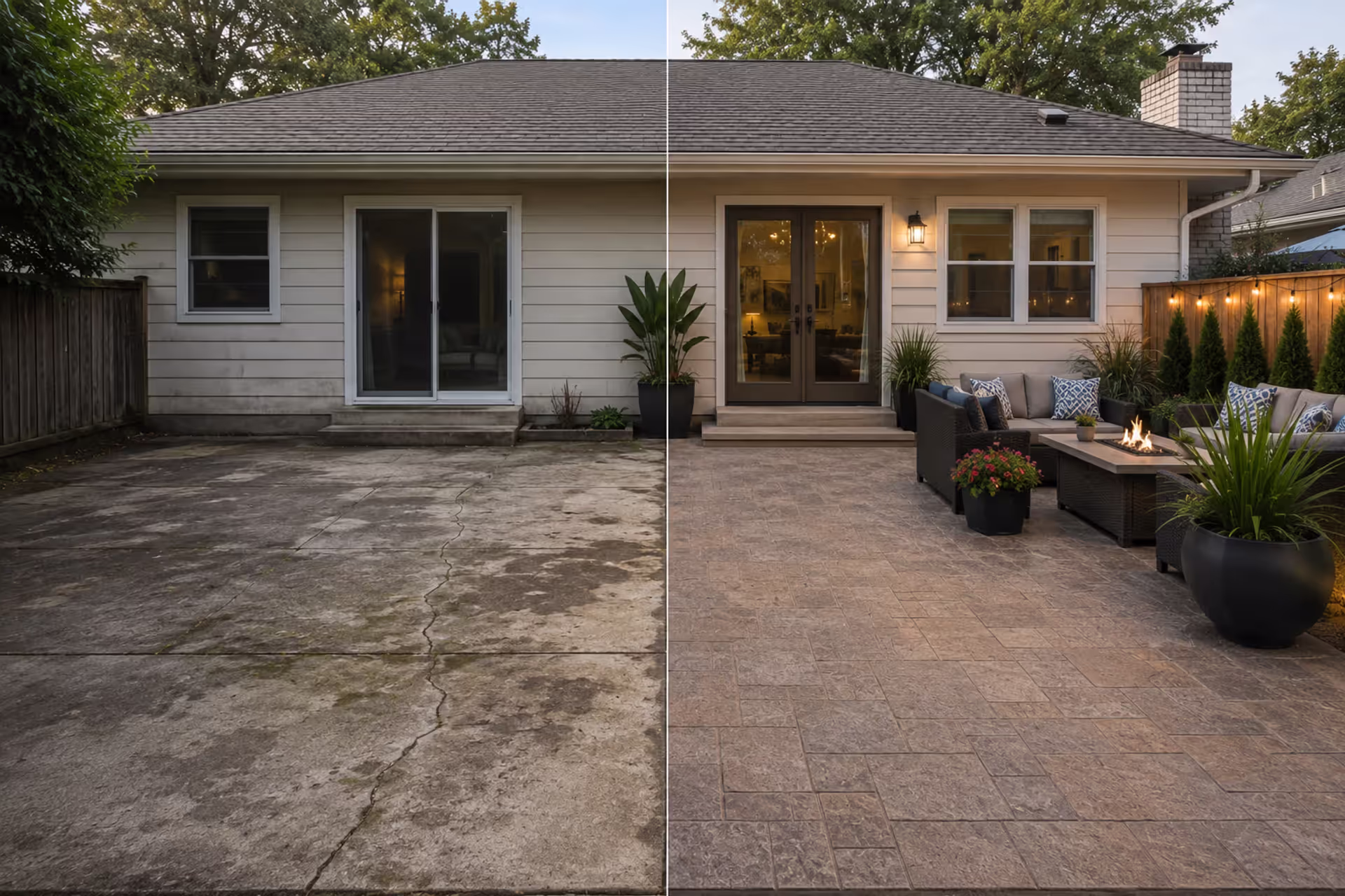 before and after concrete patio renovation with modern outdoor furniture