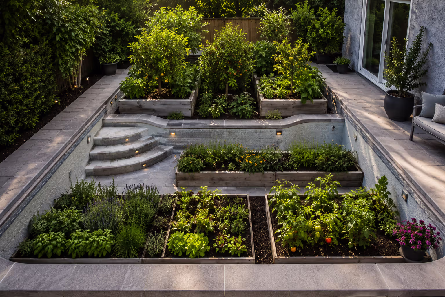 converted swimming pool garden with vegetables and raised beds