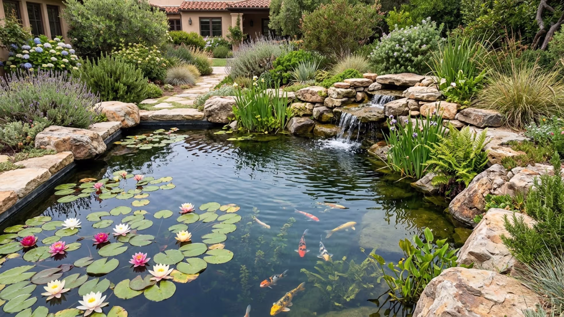 swimming pool converted into a natural koi pond