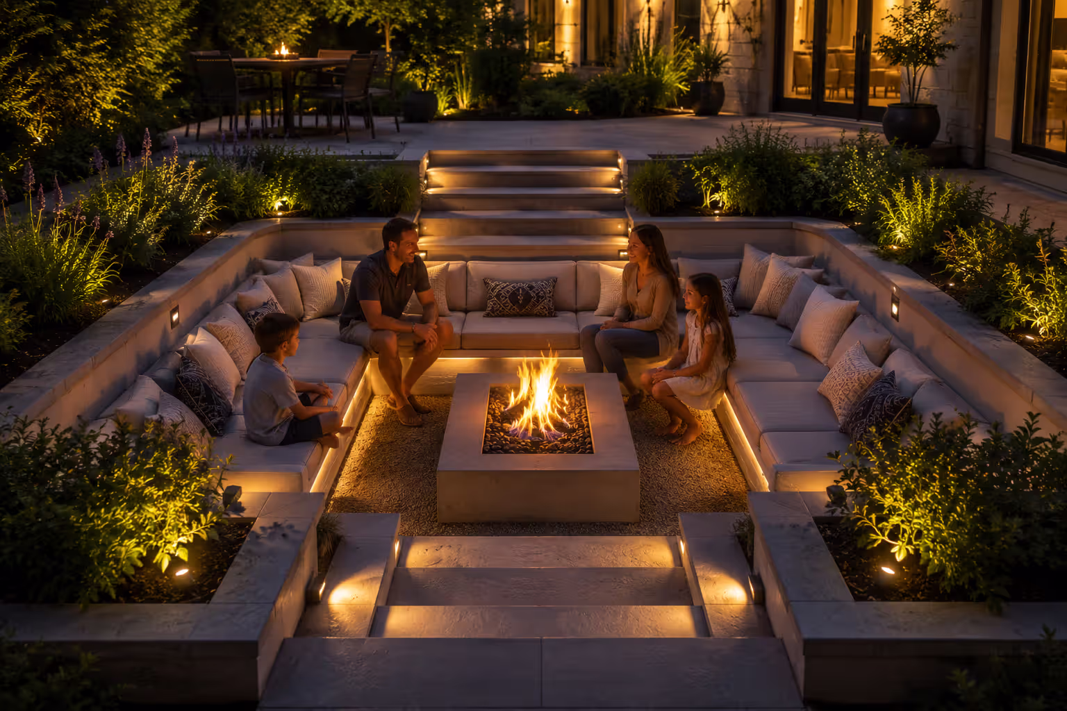 sunken lounge with fire pit created inside former swimming pool