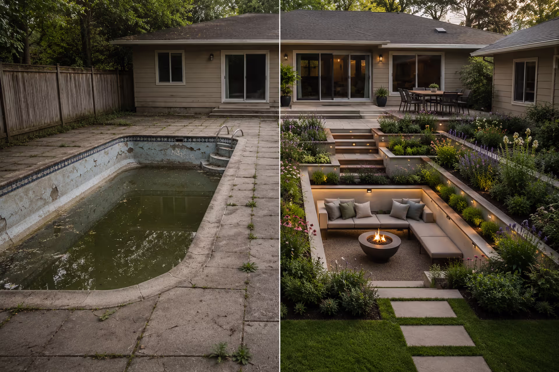 before and after swimming pool converted into a sunken garden