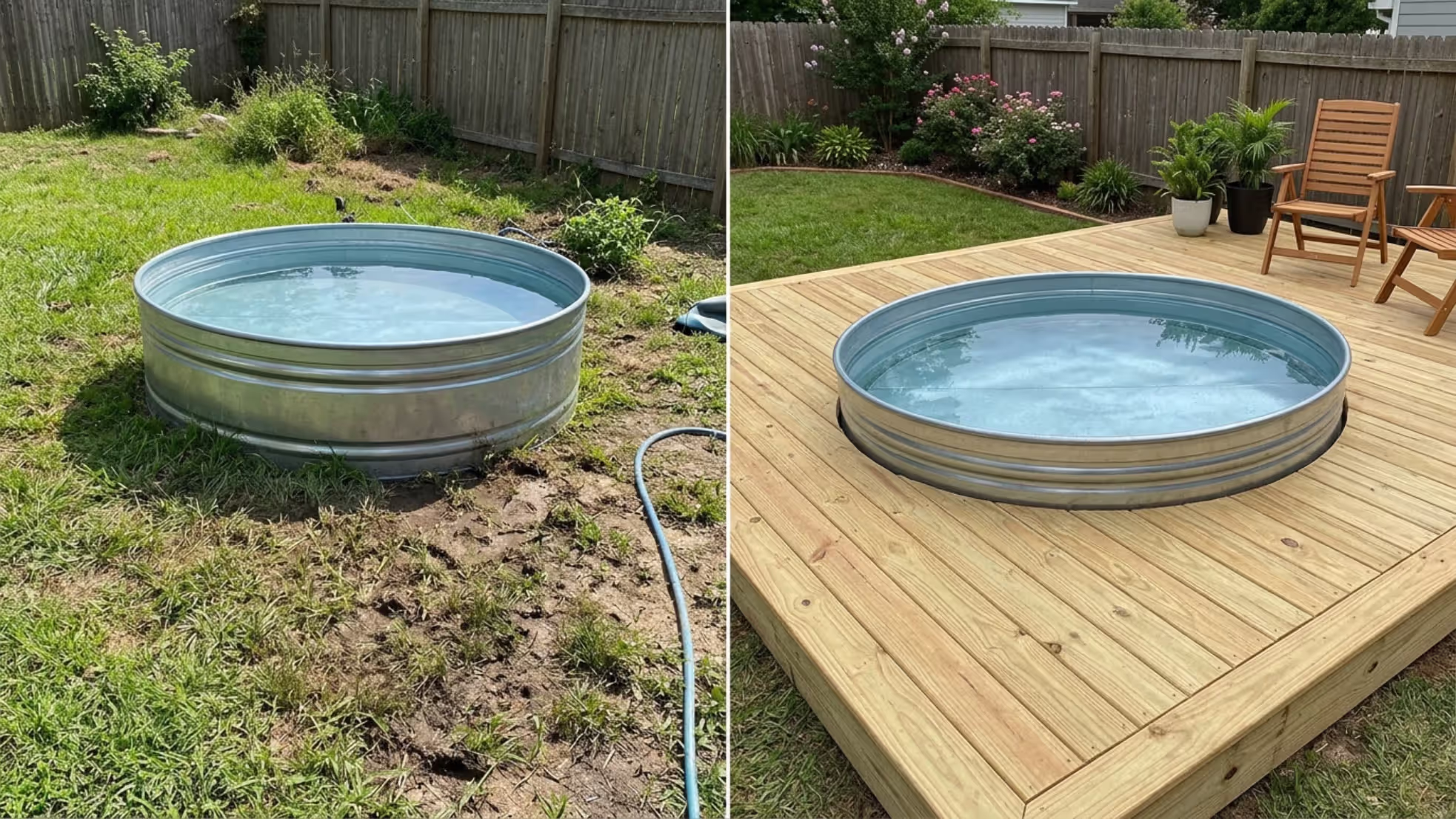 stock tank pool on muddy grass compared with a finished deck surround