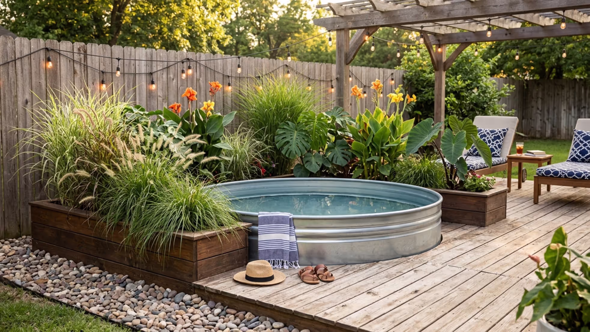 stock tank pool surrounded by planters and decorative gravel