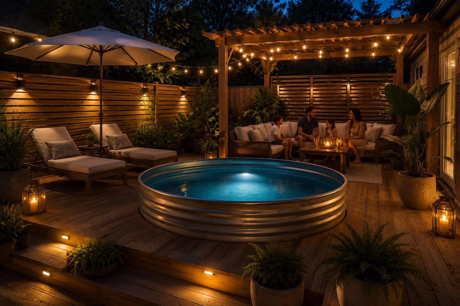 complete stock tank pool patio setup with pergola and evening lighting