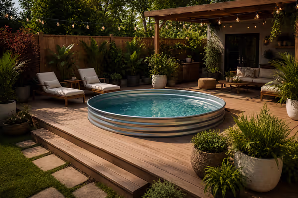 stock tank pool with surrounding wood deck and landscaped backyard