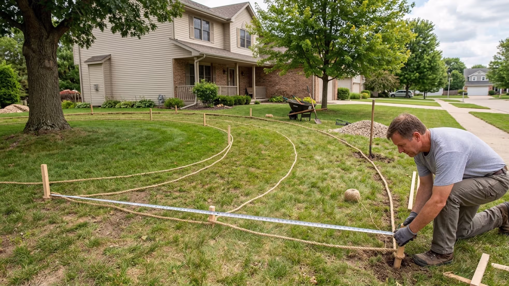 homeowner measuring and marking a semicircular driveway layout