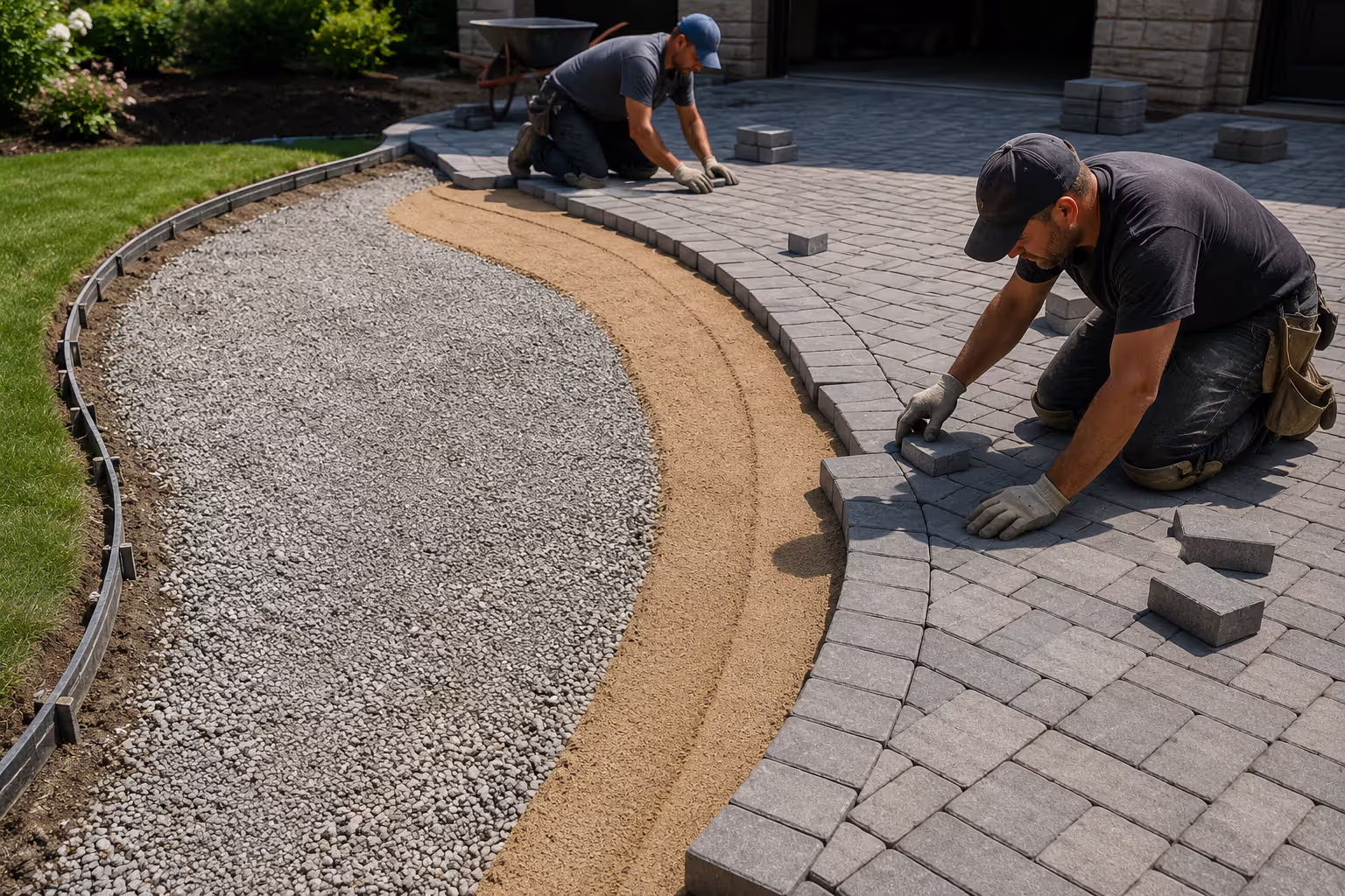 installing curved concrete pavers for a semicircular driveway