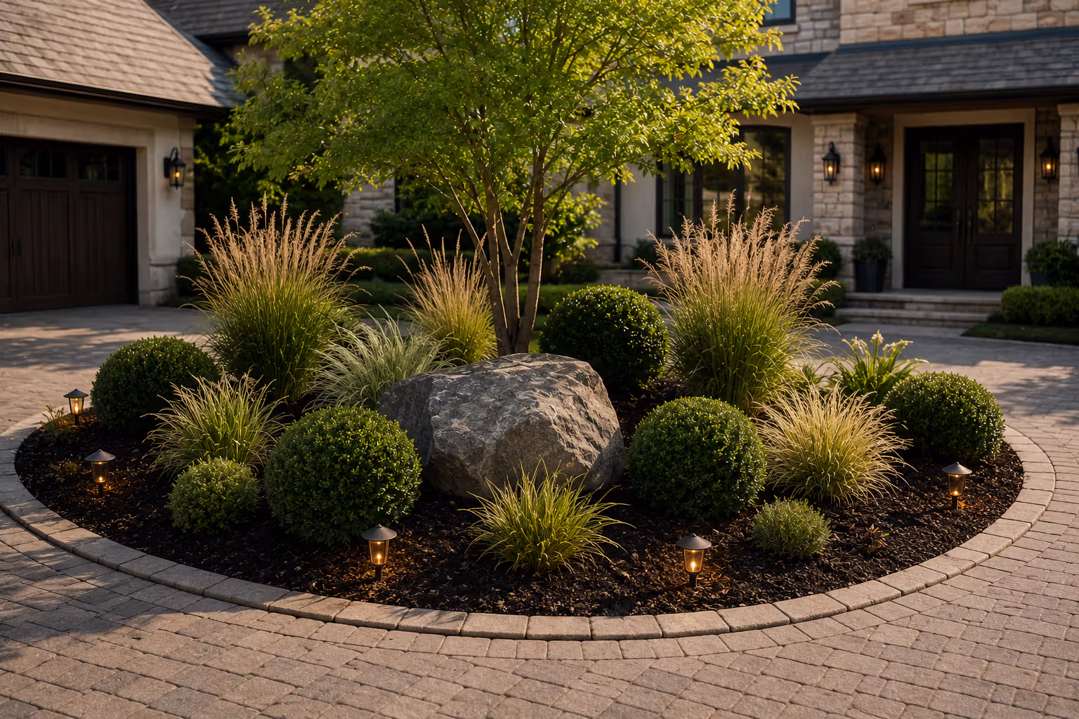 landscaped center island with grasses shrubs and decorative boulder