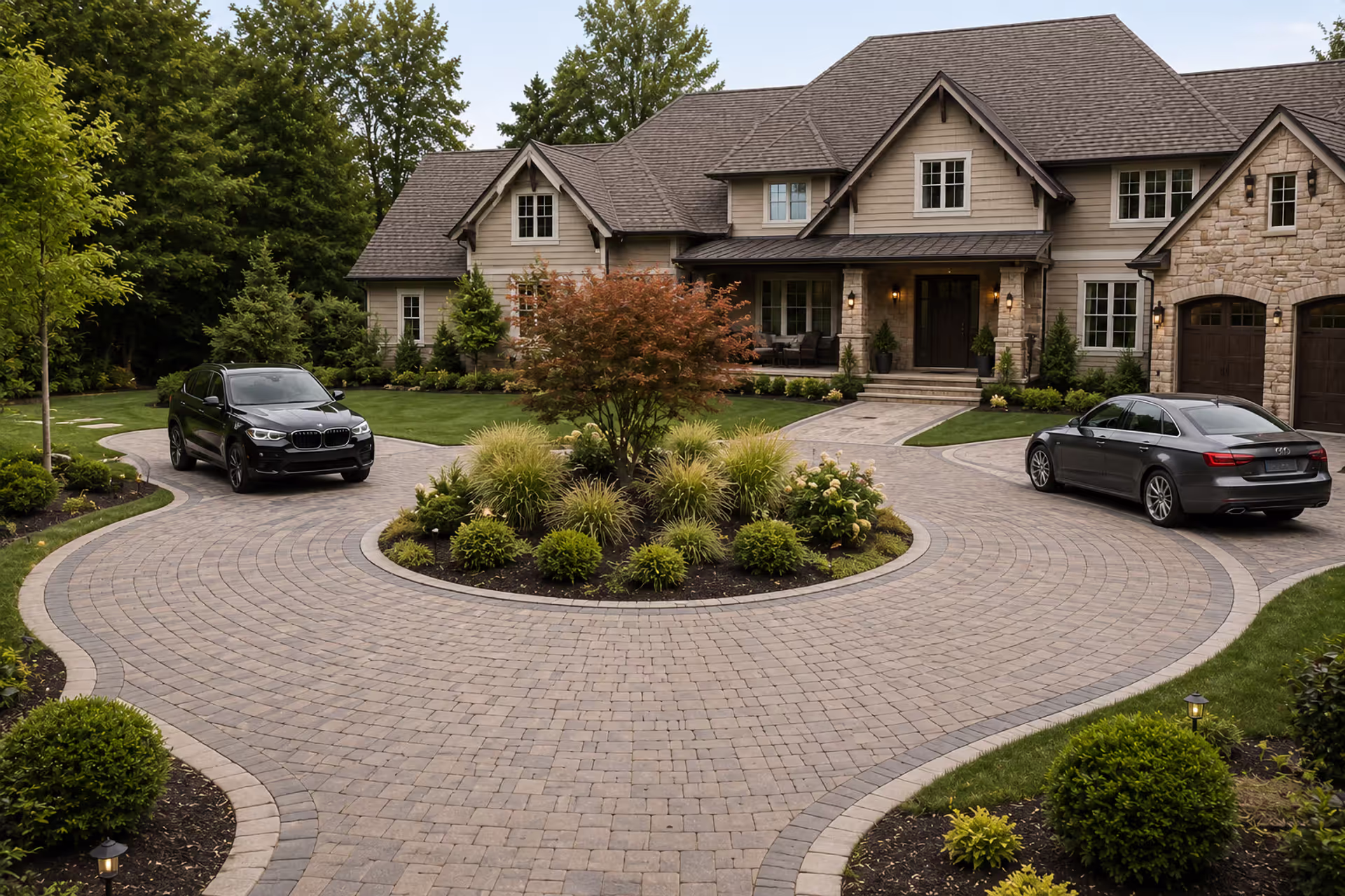semicircular paver driveway with landscaped center island in front of a suburban home