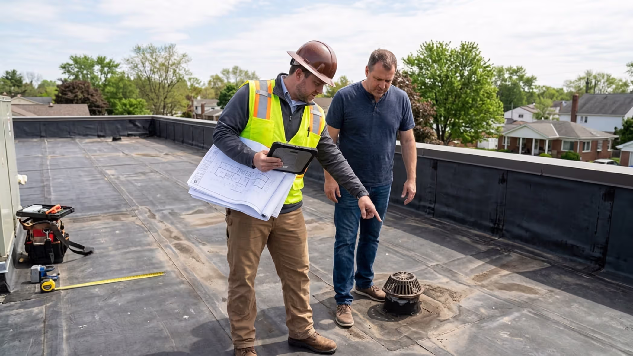 structural engineer assessing rooftop load capacity with homeowner