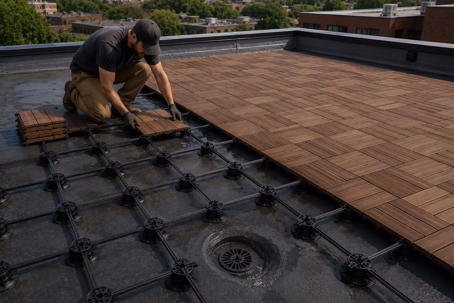 installing interlocking deck tiles on a flat rooftop