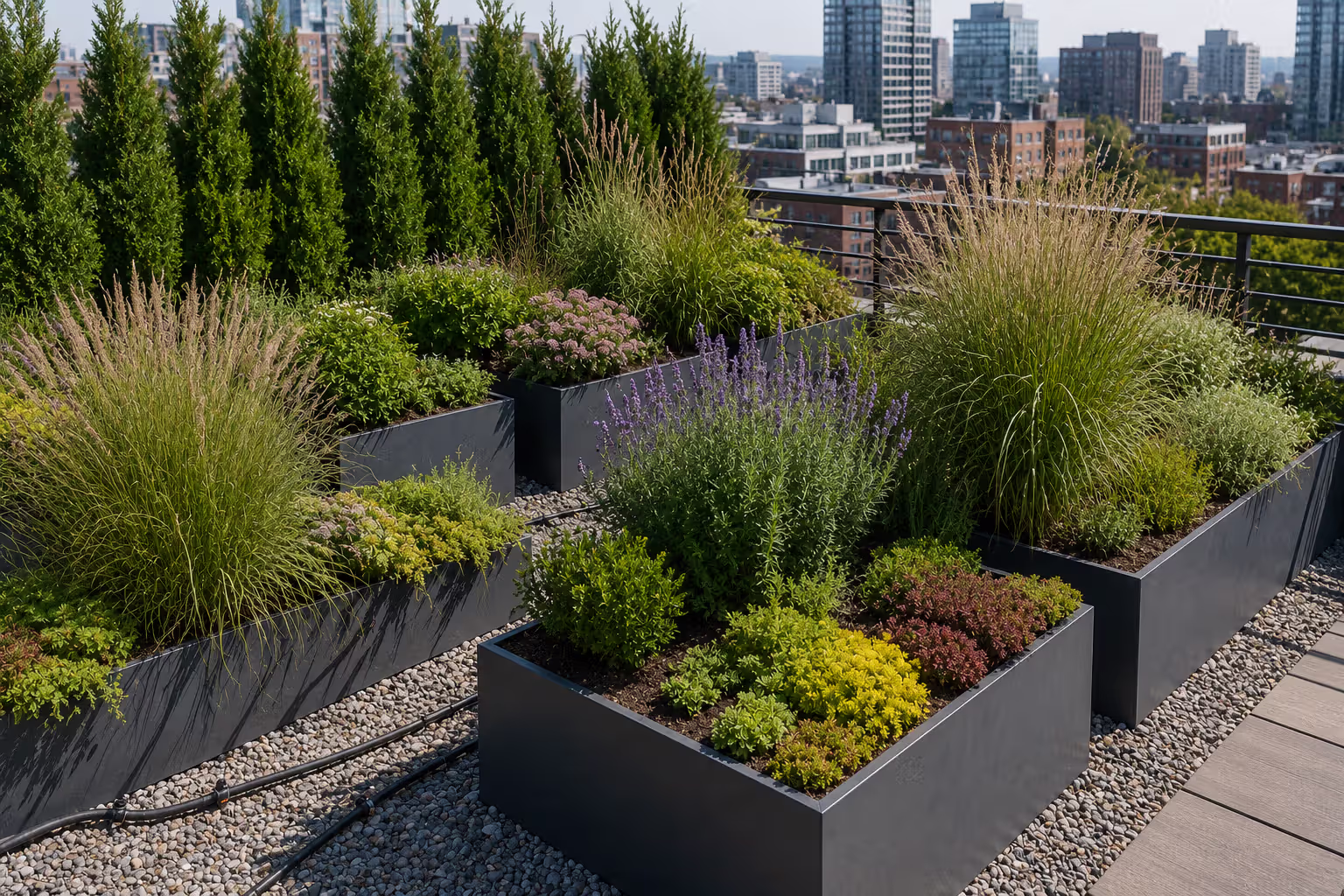 rooftop container garden with herbs grasses and drip irrigation