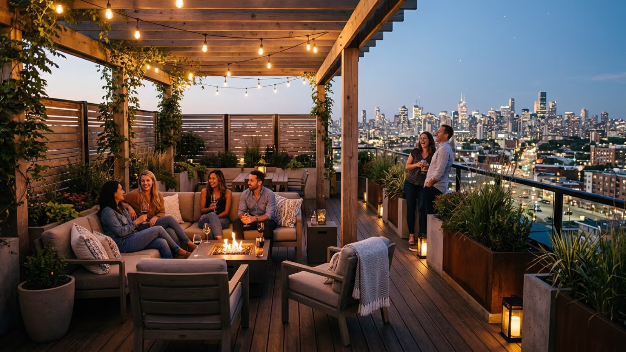 finished rooftop patio with pergola privacy screens and wind protection
