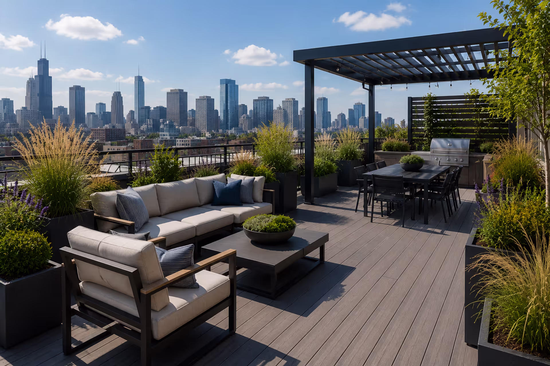 modern rooftop patio with decking seating planters and city skyline