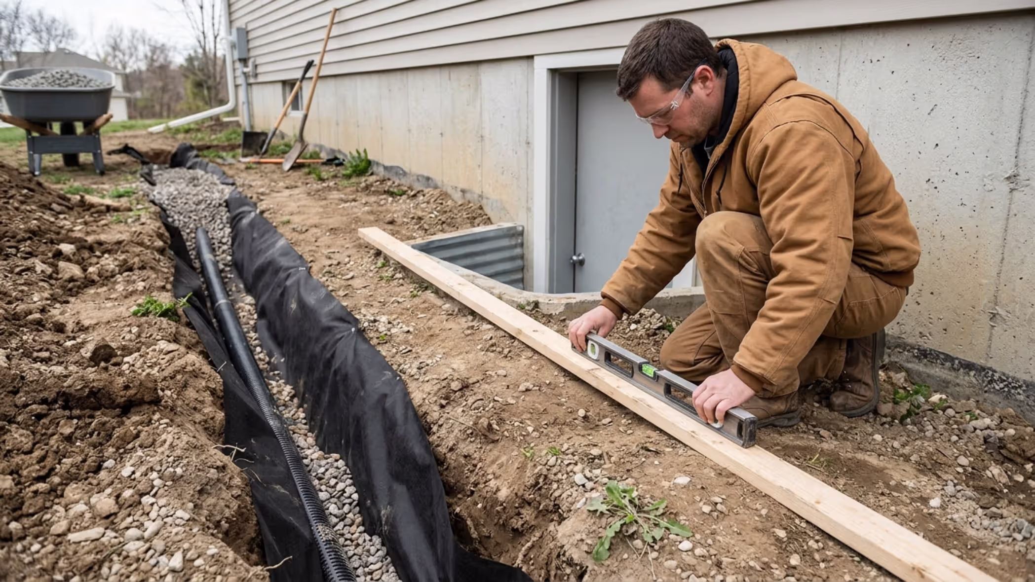 checking slope and drainage near a walkout basement door