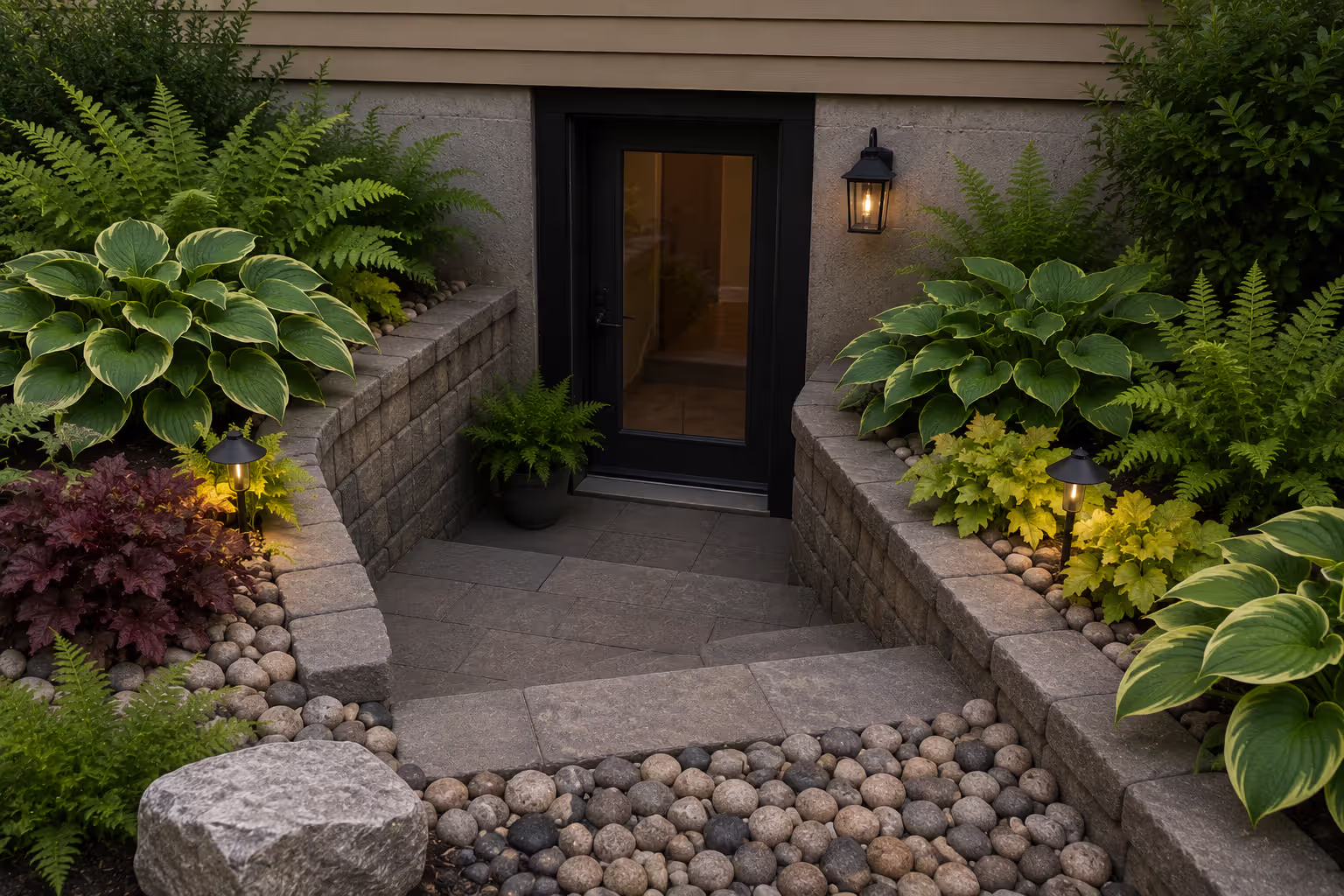 walkout basement entrance landscaped with hostas ferns and stone edging
