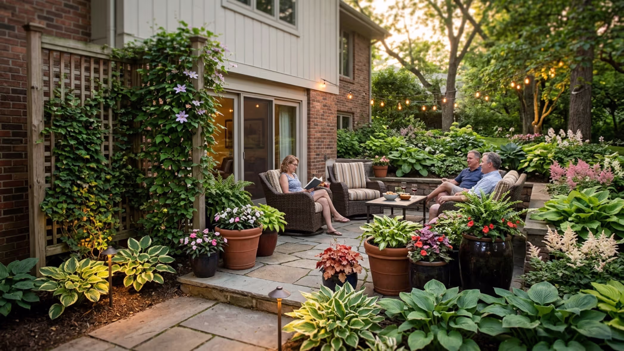 shaded walkout basement garden with containers trellis and patio seating
