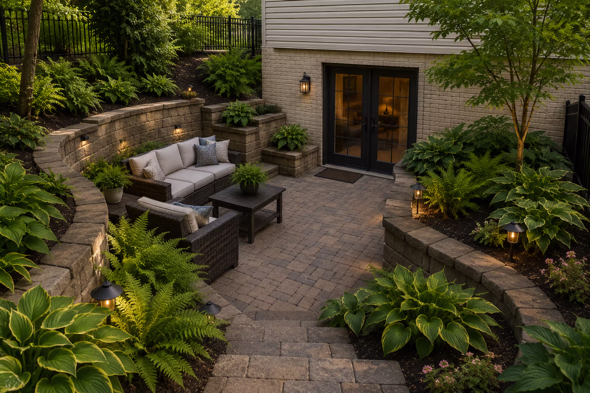 finished walkout basement patio with pavers seating and shade garden