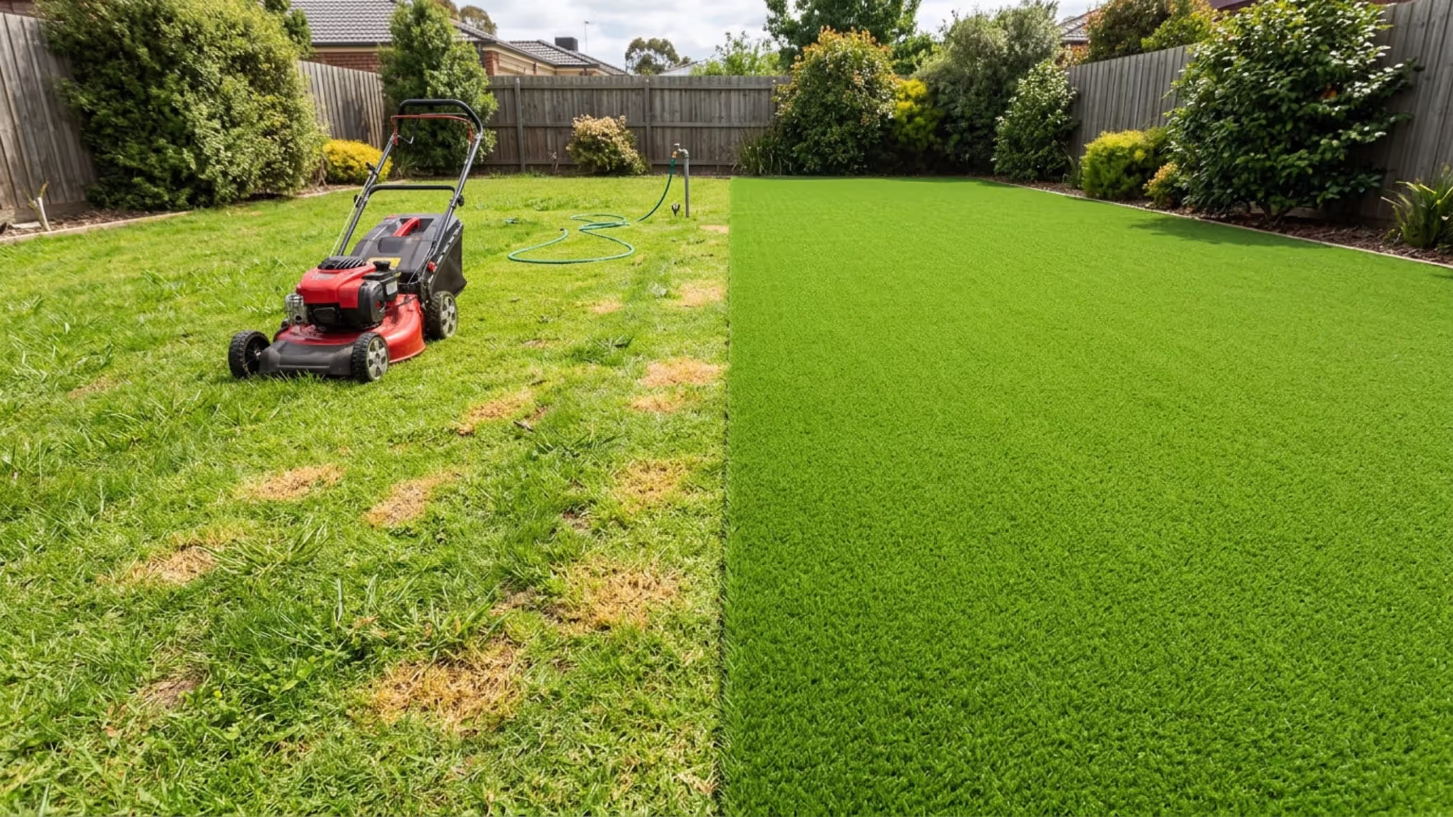 side by side comparison of natural grass and synthetic turf
