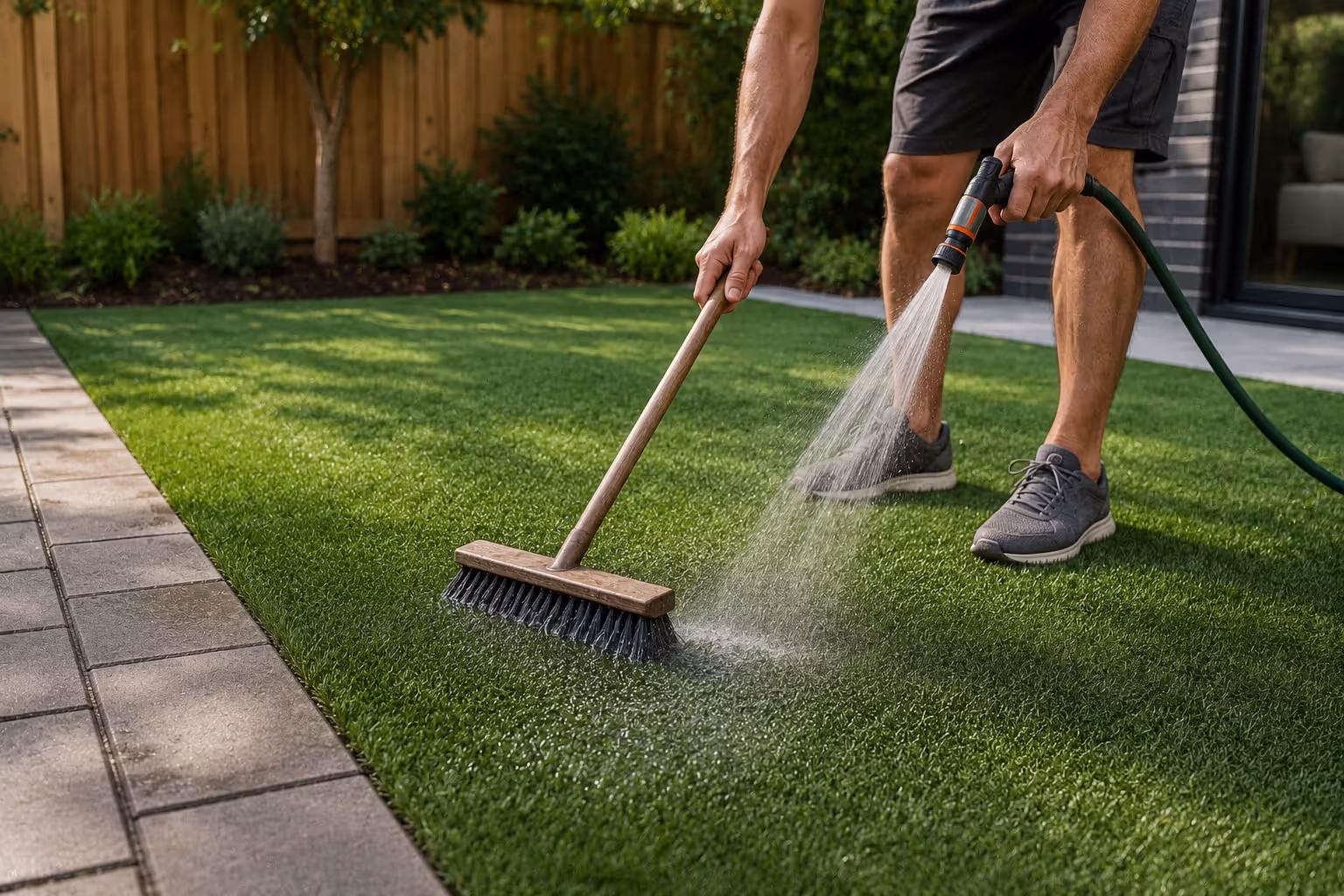brushing and rinsing synthetic turf for routine maintenance