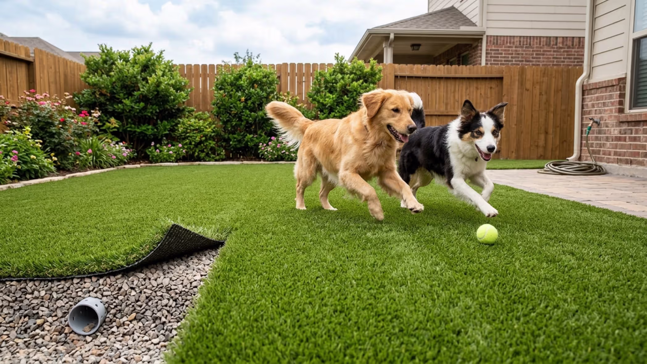 dogs playing on pet friendly synthetic turf with good drainage