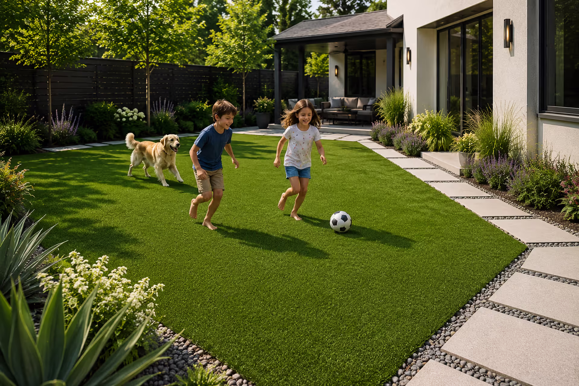 modern backyard with synthetic turf children playing and dog