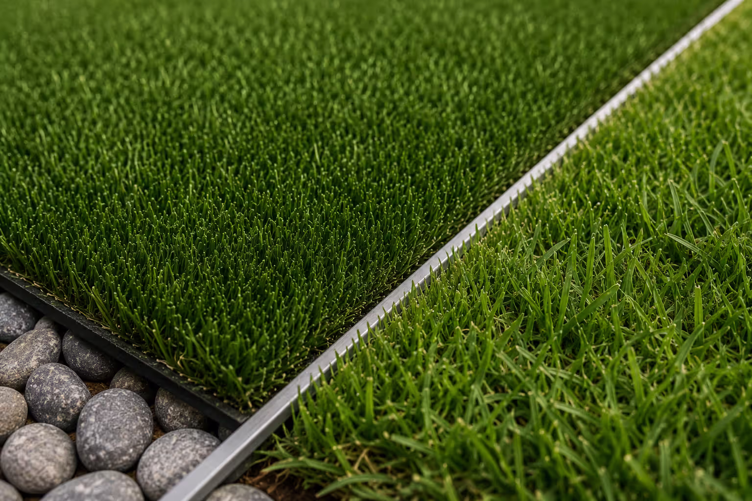 close up of seamless border between synthetic turf and natural grass
