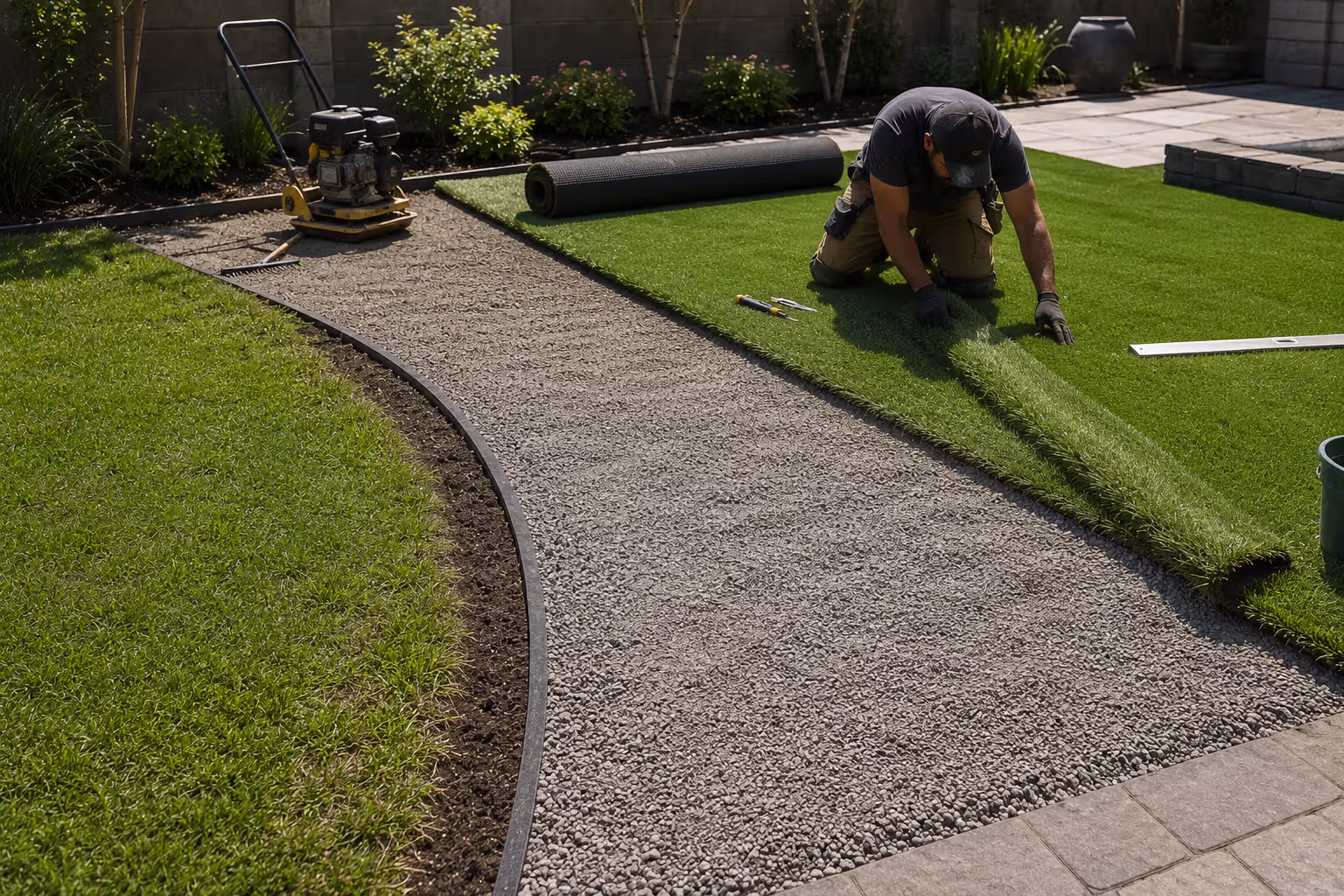 installing synthetic turf next to existing lawn with compacted base