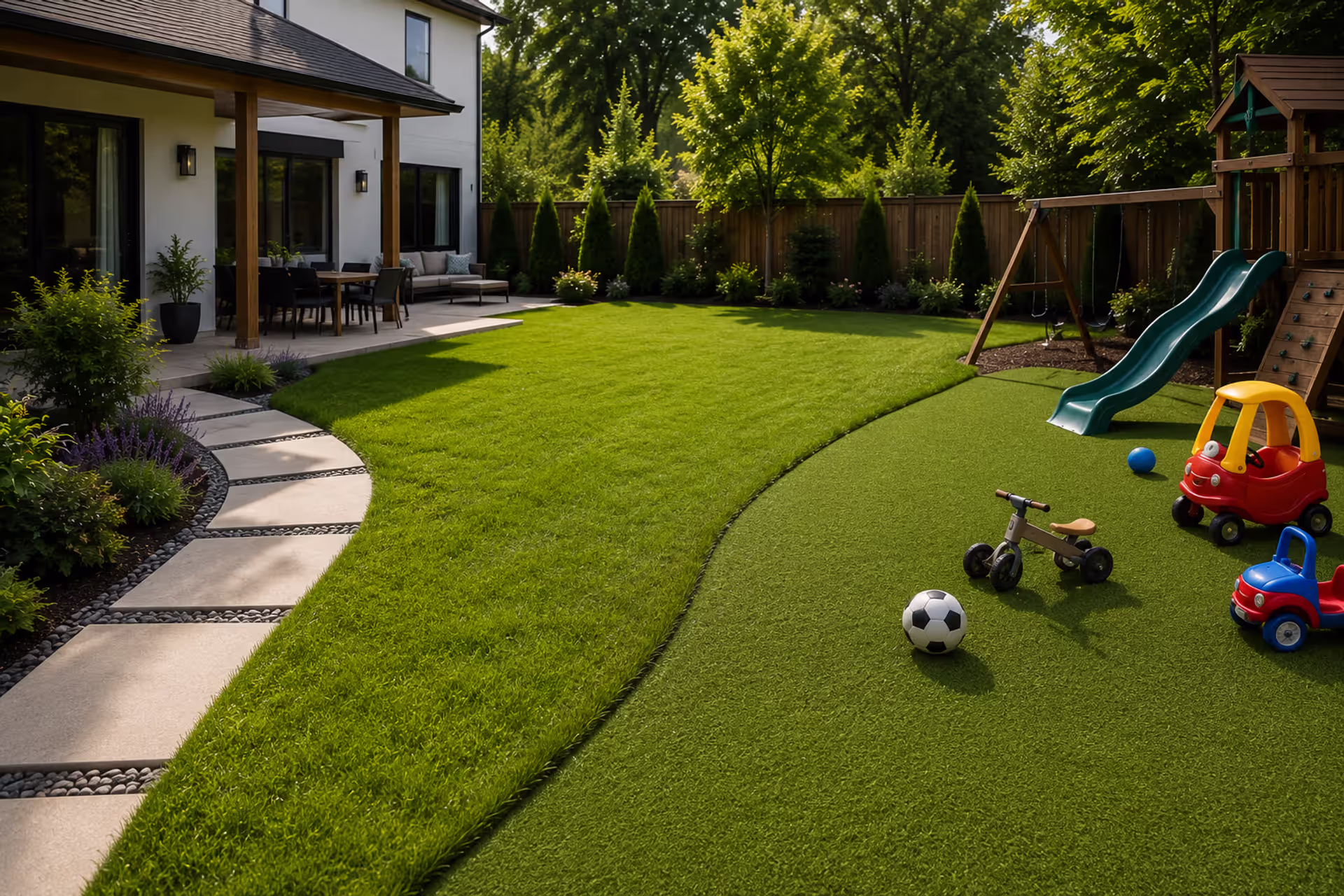 backyard with seamless transition between natural grass and synthetic turf