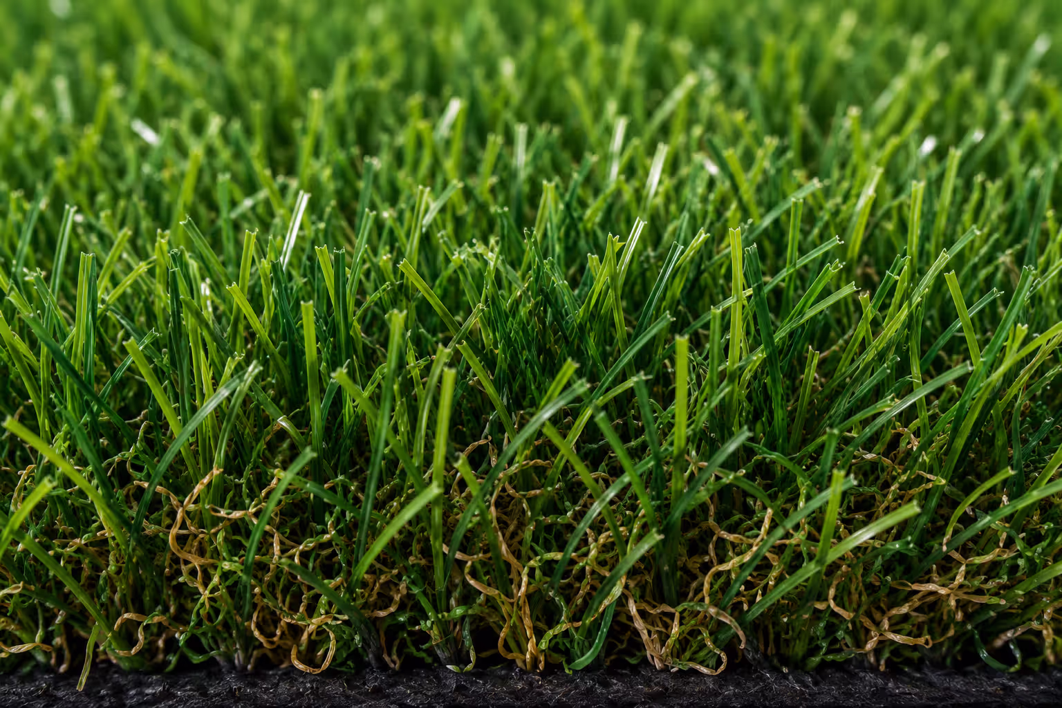 close up of realistic artificial grass with thatch and varied blade heights