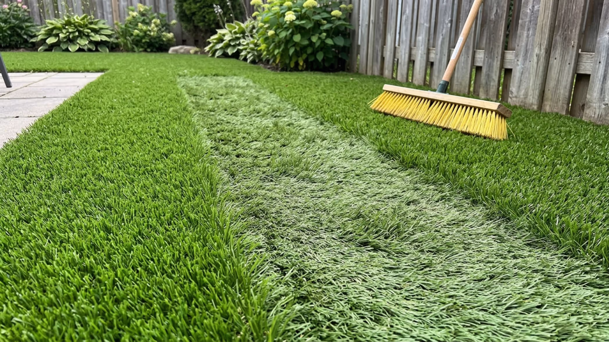 tall artificial grass flattened in high traffic areas