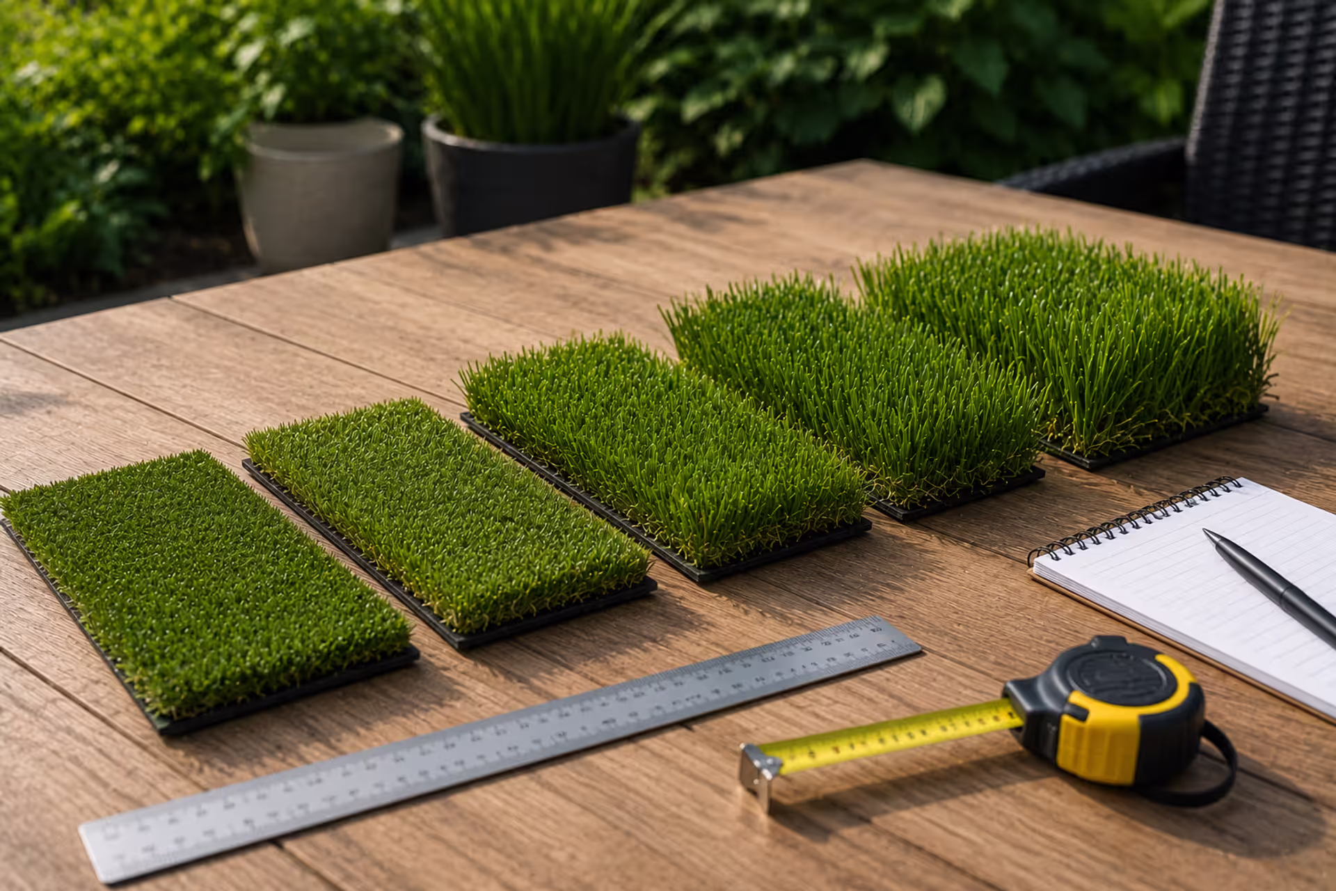 artificial grass samples with different pile heights and measuring tools